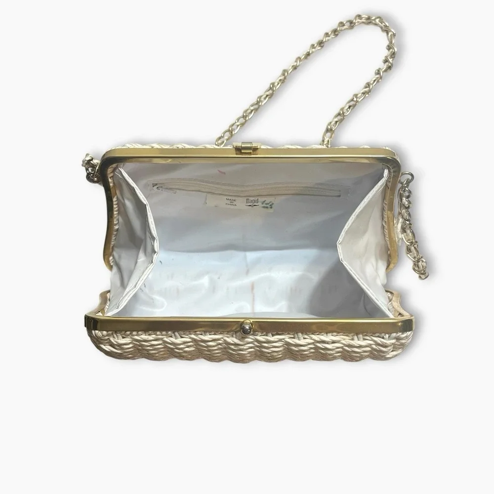 Vintage 60s Magid White Wicker Bag Purse Gold Chain Shoulder Strap